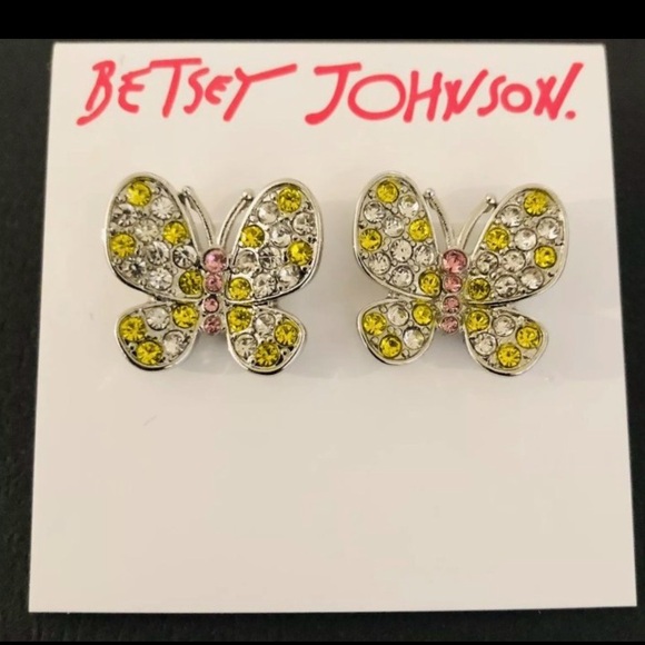 BETSEY JOHNSON Silver Butterfly Multicolored Crystal-Studded Earrings NEW NWT - Picture 1 of 7
